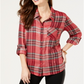 Style & Co Women's Sequined Plaid Shirt Red Size -Petite S