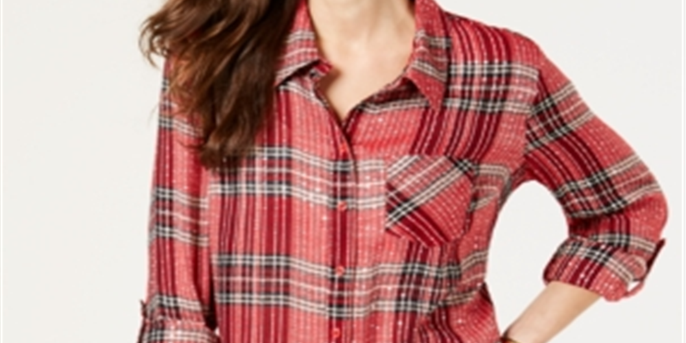 Style & Co Women's Sequined Plaid Shirt Red Size -Petite S