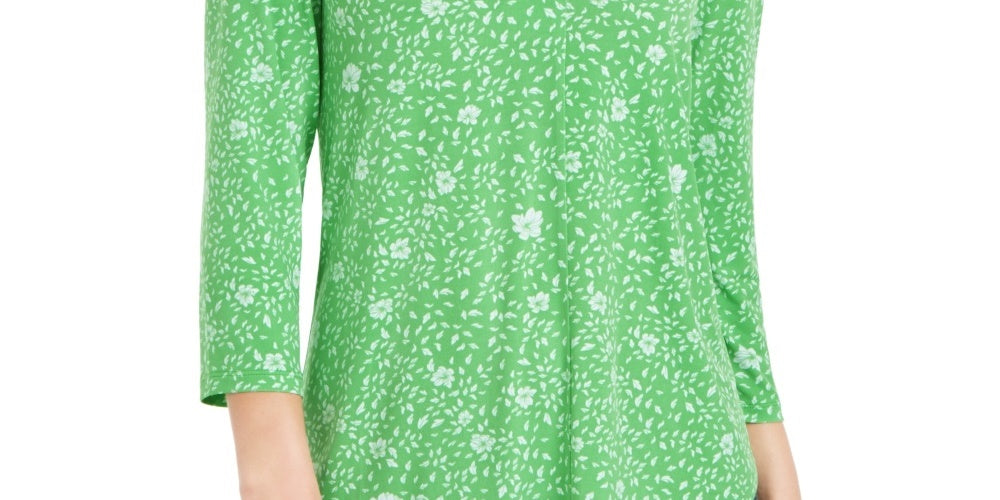 Charter Club Women's Floral Print Pleated V Neck Top Green Size Medium