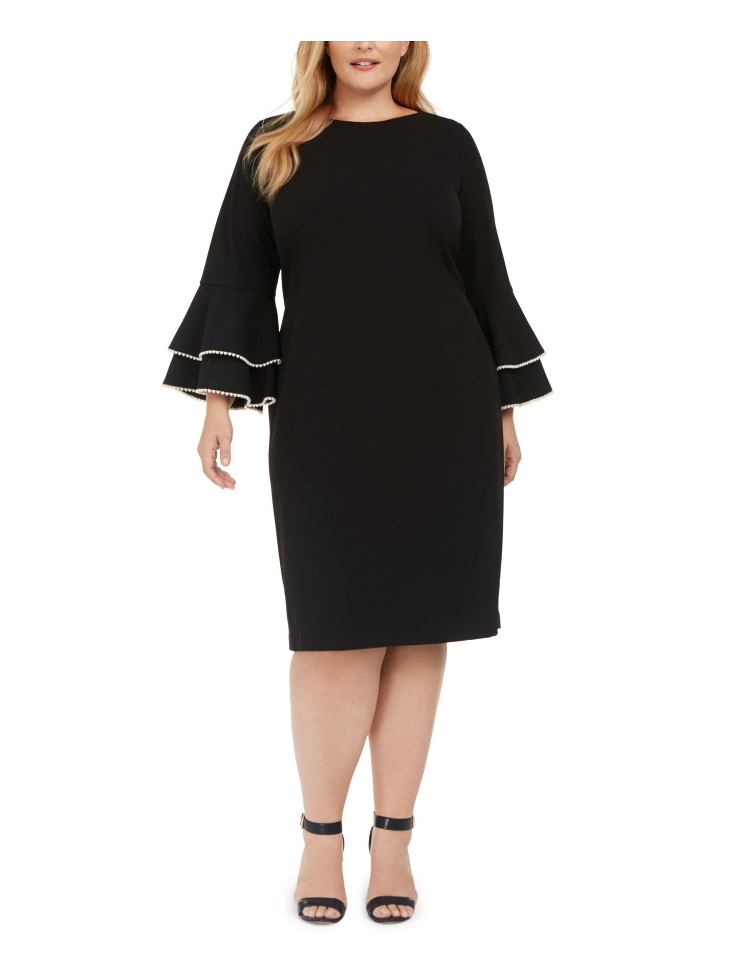Calvin Klein Women's Beaded Zippered Bell Sleeve Jewel Neck Knee Length Sheath Party Dress Black Size 14W