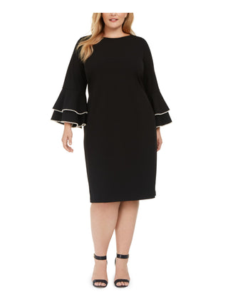 Calvin Klein Women's Beaded Zippered Bell Sleeve Jewel Neck Knee Length Sheath Party Dress Black Size 14W
