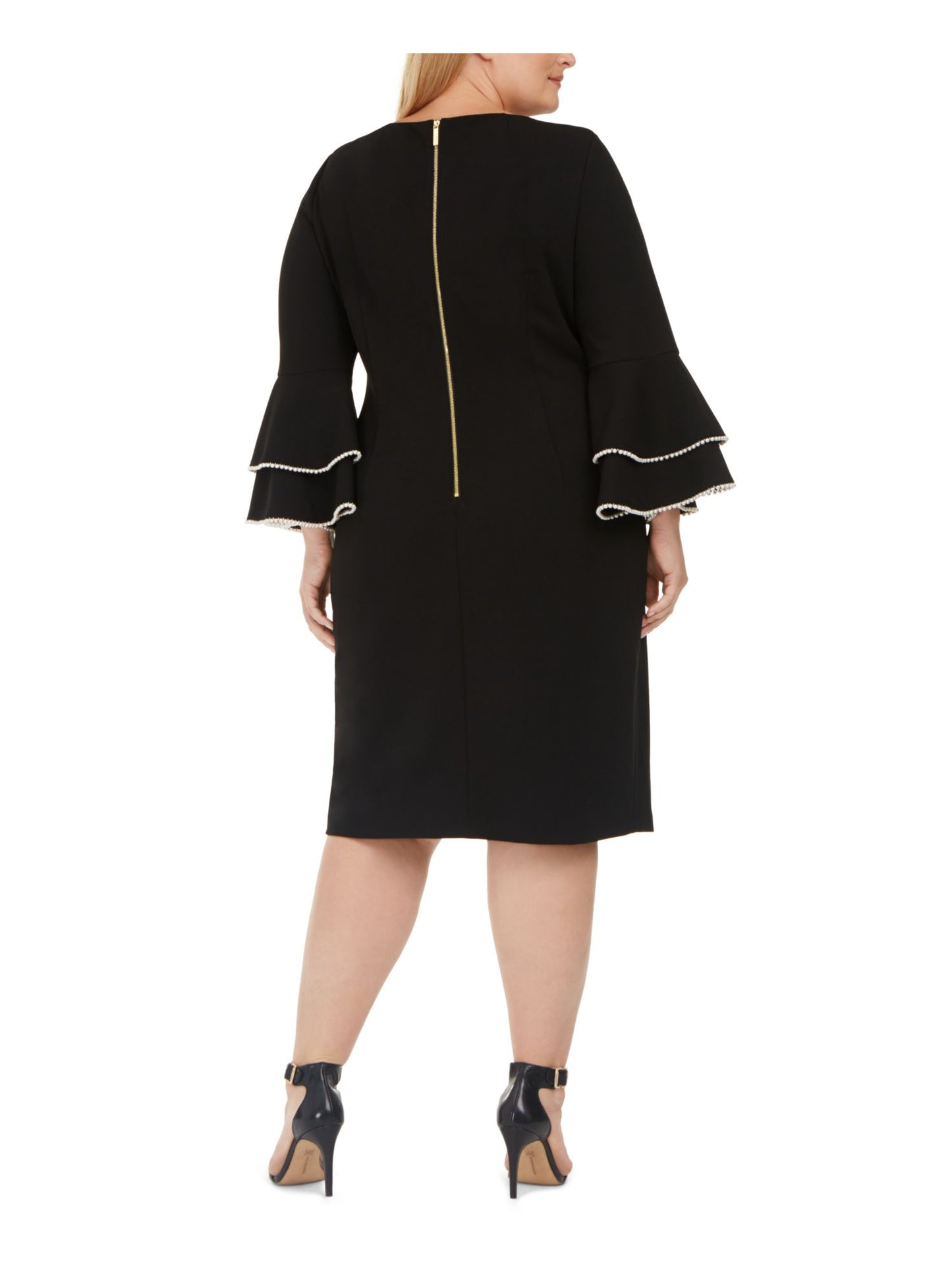 Calvin Klein Women's Beaded Zippered Bell Sleeve Jewel Neck Knee Length Sheath Party Dress Black Size 14W