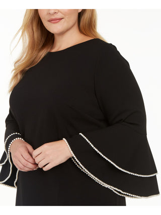 Calvin Klein Women's Beaded Zippered Bell Sleeve Jewel Neck Knee Length Sheath Party Dress Black Size 14W