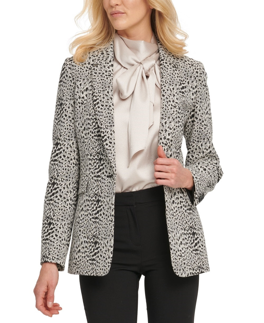 DKNY Women's Button Animal Print Wear To Work Jacket White Size 6