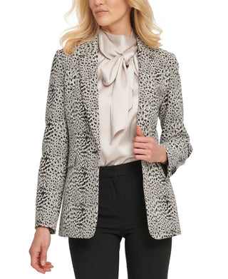 DKNY Women's Button Animal Print Wear To Work Jacket White Size 6