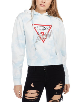 Guess Women's Printed Icon Logo Hoodie Sweatshirt Blue Size Petite X-Small