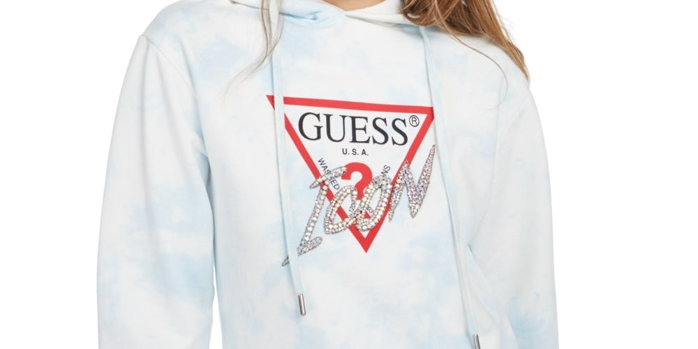 Guess Women's Printed Icon Logo Hoodie Sweatshirt Blue Size Petite X-Small