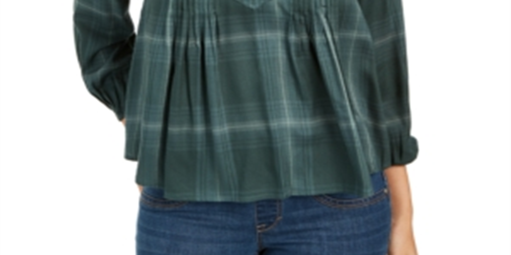Style & Co Women's Plaid Pleated Top Green Size PP
