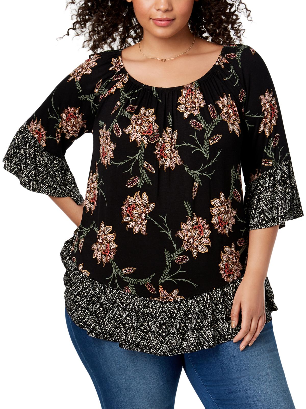 Style & Co Women's Plus Flounce Trim Printed Blouse Black Size 0X