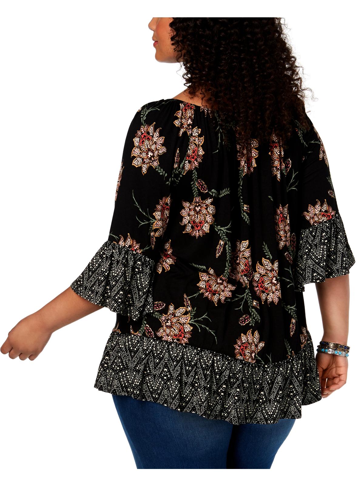 Style & Co Women's Plus Flounce Trim Printed Blouse Black Size 0X