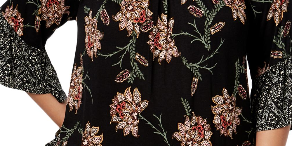 Style & Co Women's Plus Flounce Trim Printed Blouse Black Size 0X