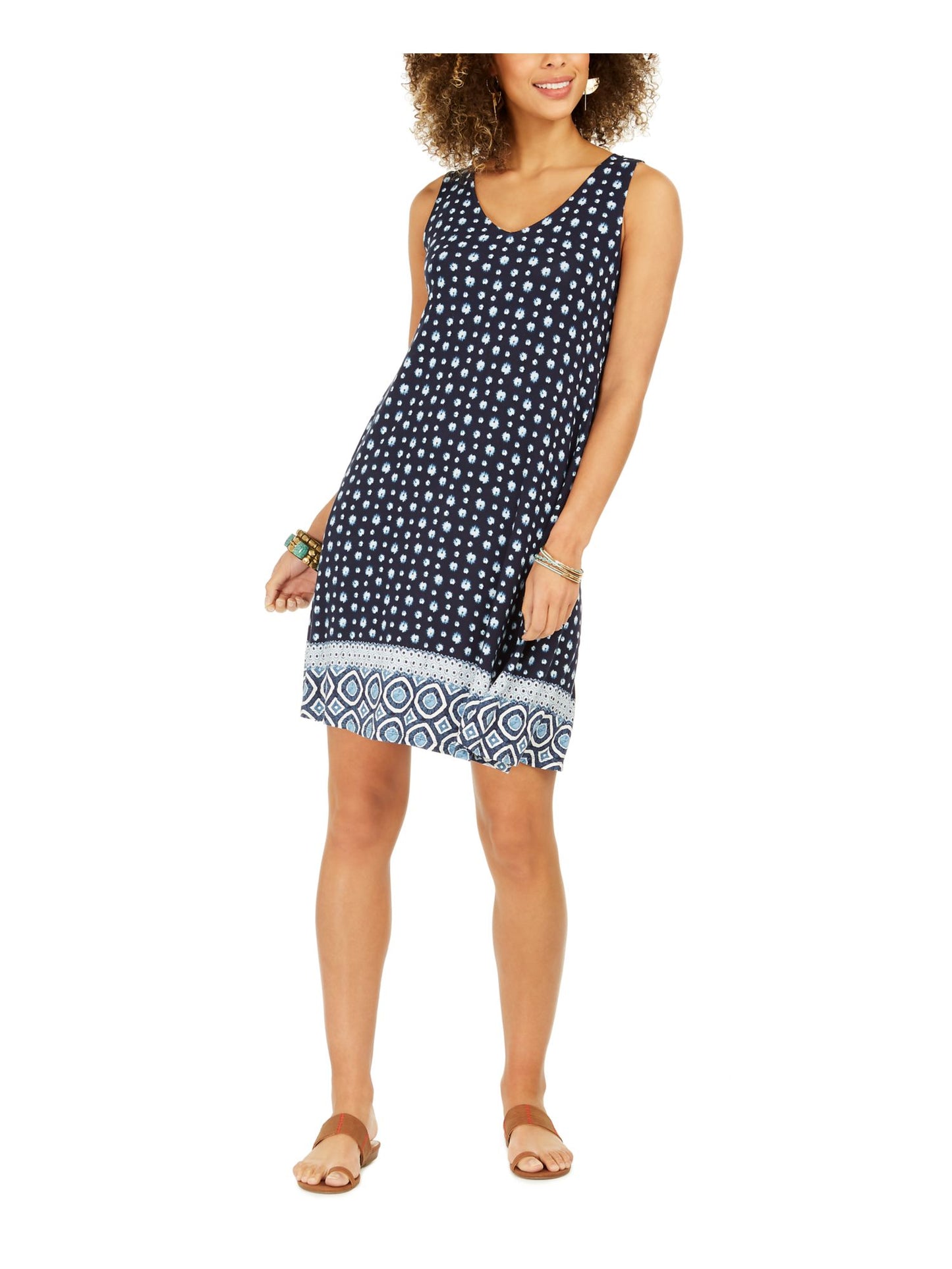 Style & Co Women's Floral Print Sleeveless Swing Dress Navy Size PP