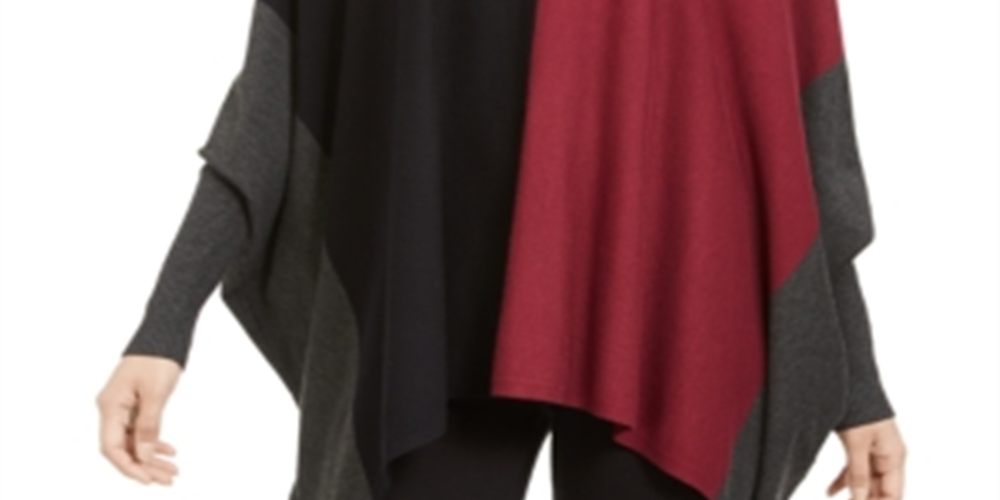 Alfani Women's Turtleneck Colorblock Poncho Sweater Red Size Petite Large