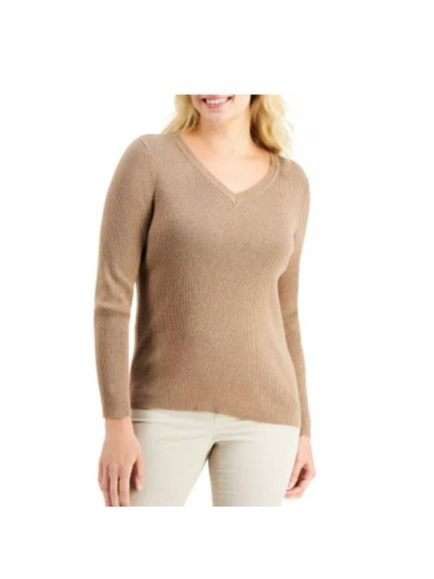 Karen Scott Women's Ribbed Knit Cotton Sweater Brown Size Medium