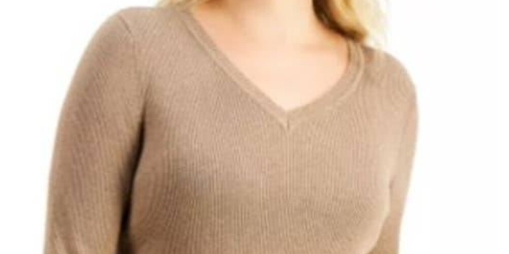 Karen Scott Women's Ribbed Knit Cotton Sweater Brown Size Medium