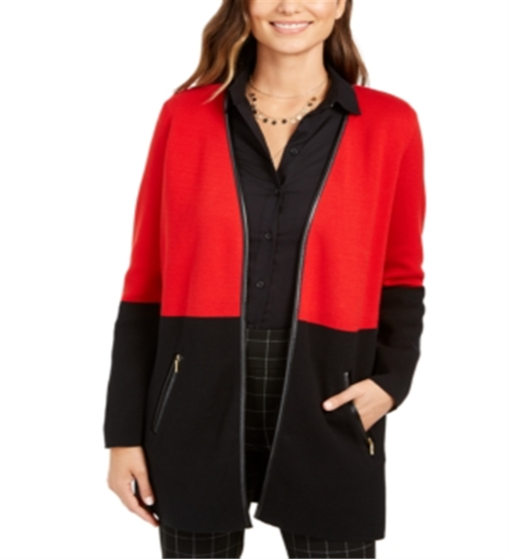 Charter Club Women's Faux Leather Trim Colorblock Cardigan Red-Black  Size Petite S