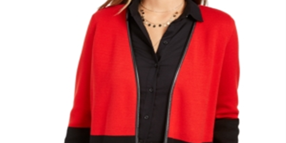 Charter Club Women's Faux Leather Trim Colorblock Cardigan Red-Black  Size Petite S
