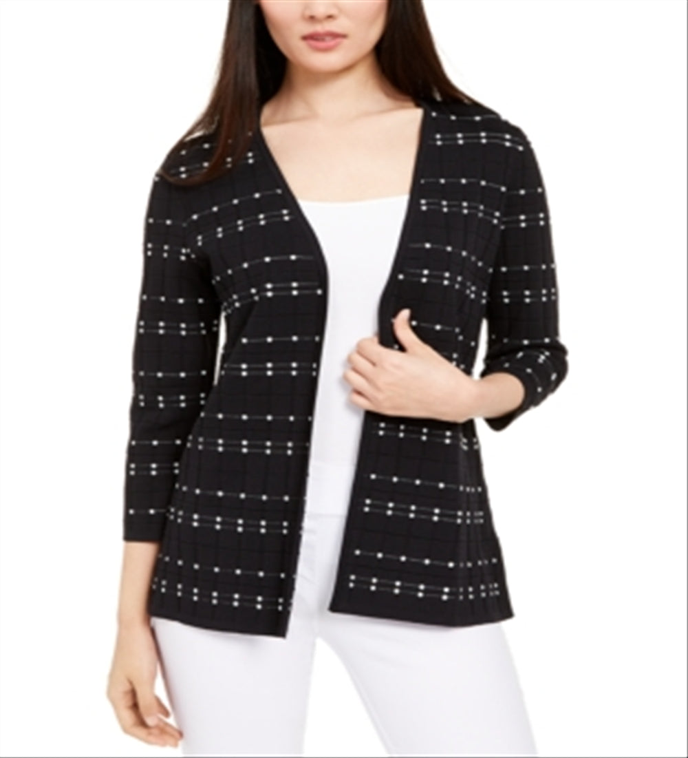 Alfani Women's Dot Stitch Open Front Cardigan Black Size Petite L