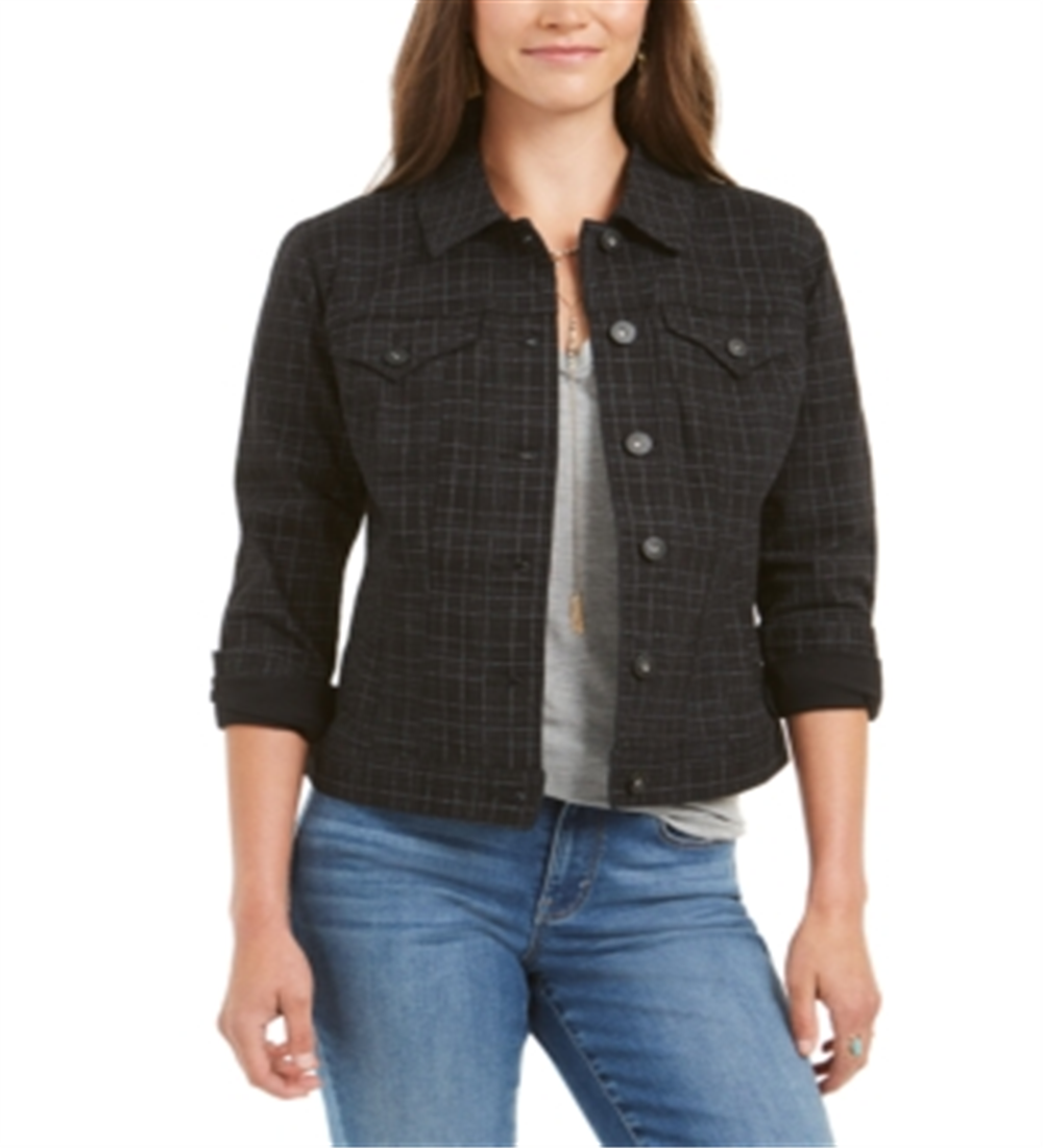 Style & Co Women's Printed Denim Jacket Black Size Petite S/M