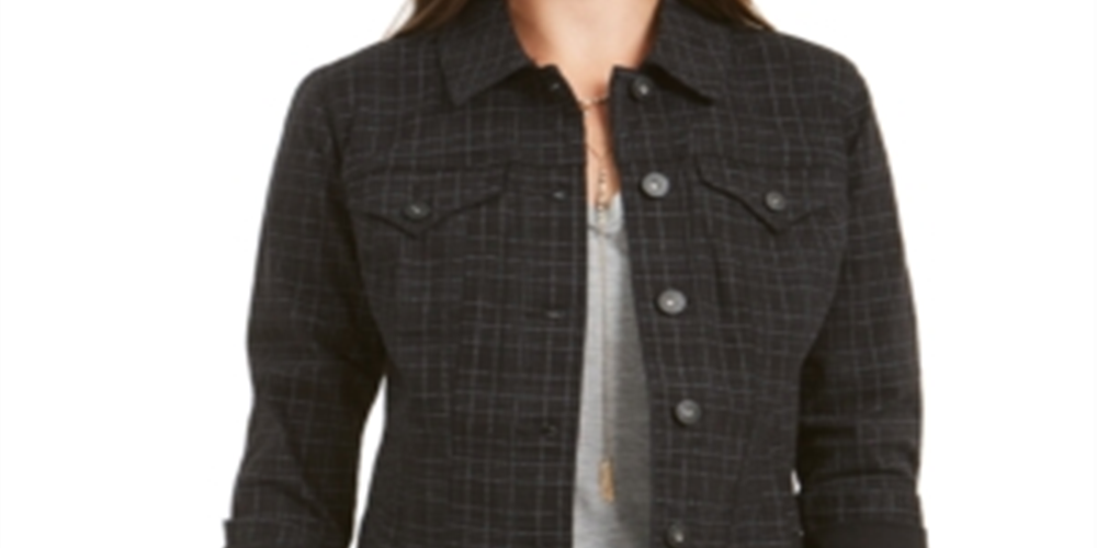Style & Co Women's Printed Denim Jacket Black Size Petite S/M