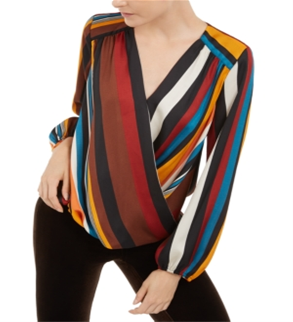 INC International Concepts Women's Striped Surplice Neck Top Orange Size Petite Small