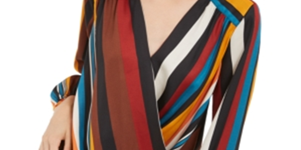 INC International Concepts Women's Striped Surplice Neck Top Orange Size Petite Small