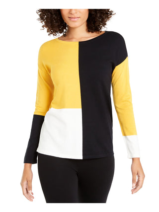 Alfani Women's Drop Shoulder Colorblocked Top Yellow-Black  Size Petite L