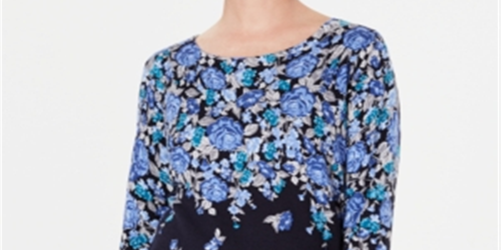 Karen Scott Women's Printed 3/4 Sleeve Sweater Blue Floral Size Petite S