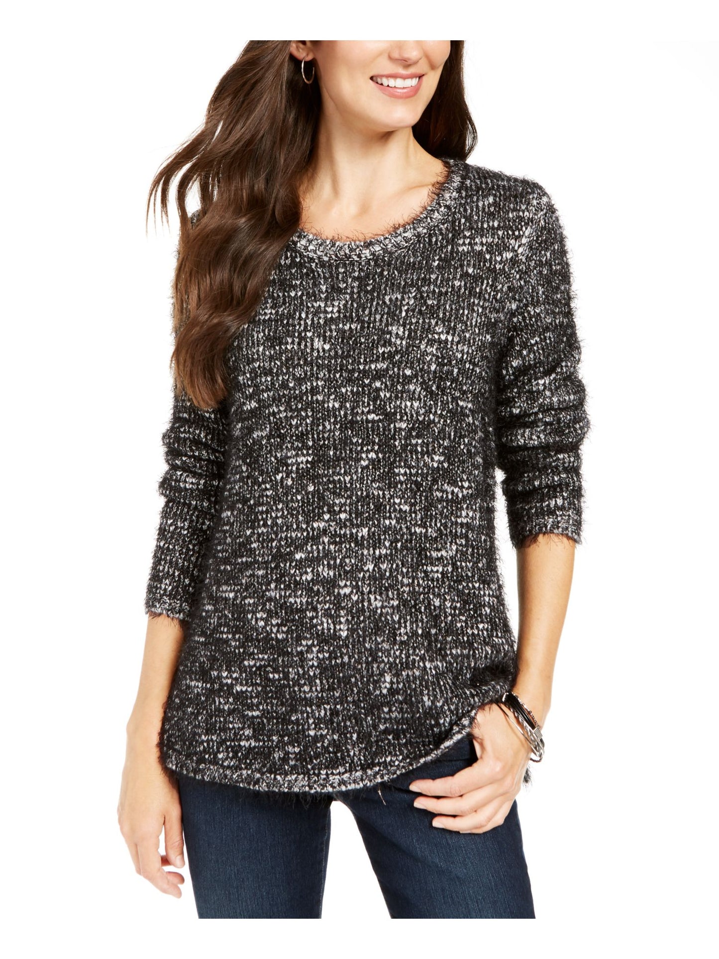 Style & Co Women's Printed Long Sleeve Jewel Neck Evening Top Black Size Petite Medium