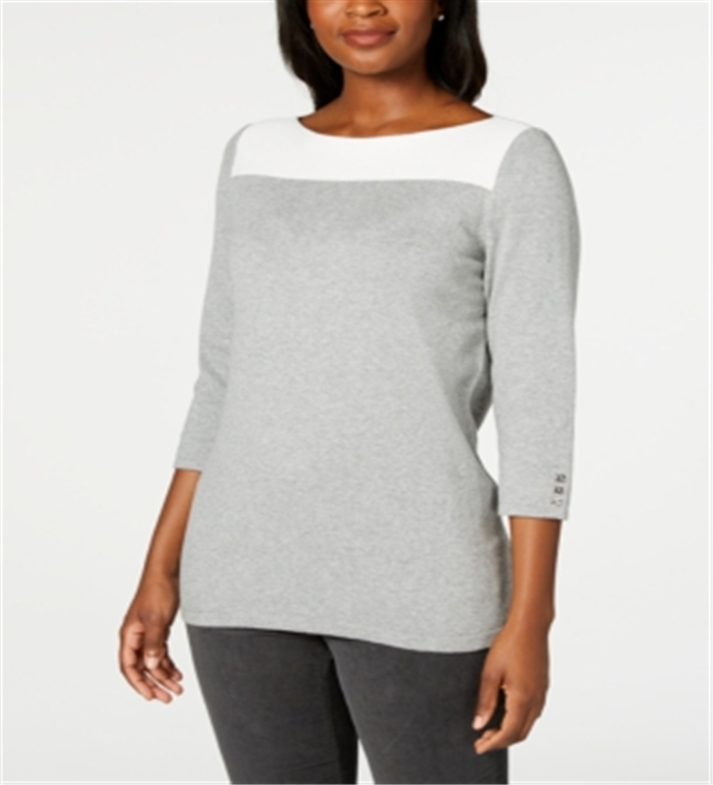 Karen Scott Women's Cotton Button Trim Sweater Gray Size -Petite L