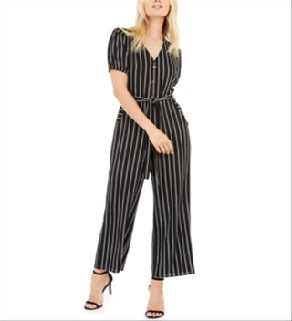 Monteau Women's Button Front Striped Jumpsuit Black/White stripe Size L