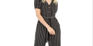 Monteau Women's Button Front Striped Jumpsuit Black/White stripe Size L