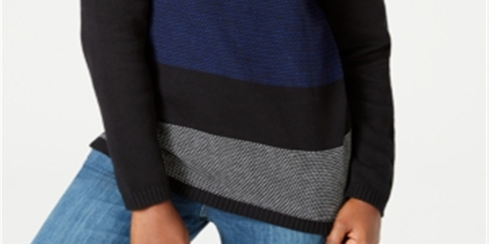 Karen Scott Women's Colorblocked Cotton Turtleneck Sweater Blue-Black Size Petite S