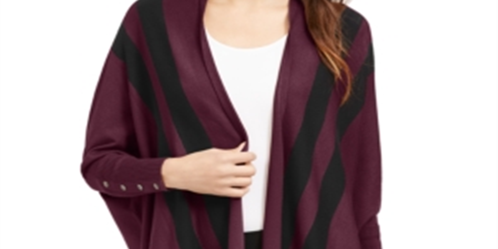 Alfani Women's Striped Long Sleeve Open Cardigan Sweater Maroon Size Petite Large
