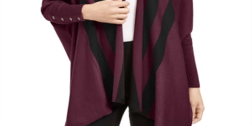 Alfani Women's Striped Long Sleeve Open Cardigan Sweater Maroon Size Petite Large