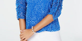 Alfani Women's Printed Ruched Sleeve Mesh Bubble Top Blue Size Petite Medium