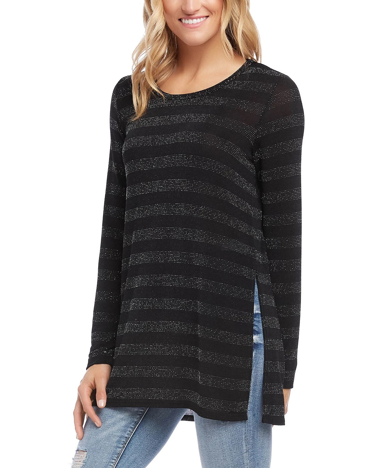 Karen Kane Women's Glitter Striped Long Sleeve Jewel Neck T-Shirt Top Black Size Small