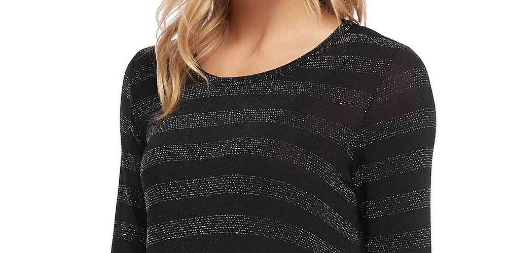 Karen Kane Women's Glitter Striped Long Sleeve Jewel Neck T-Shirt Top Black Size Small
