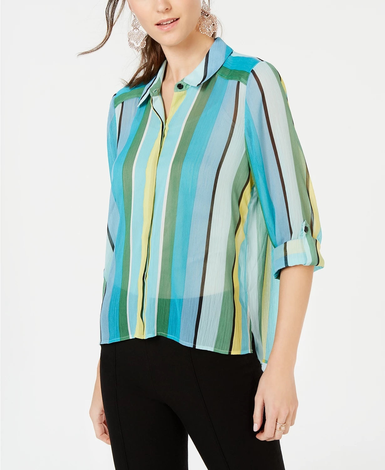 INC International Concepts Women's Vertical Stripe Button Up Shirt Green Size Petite Small