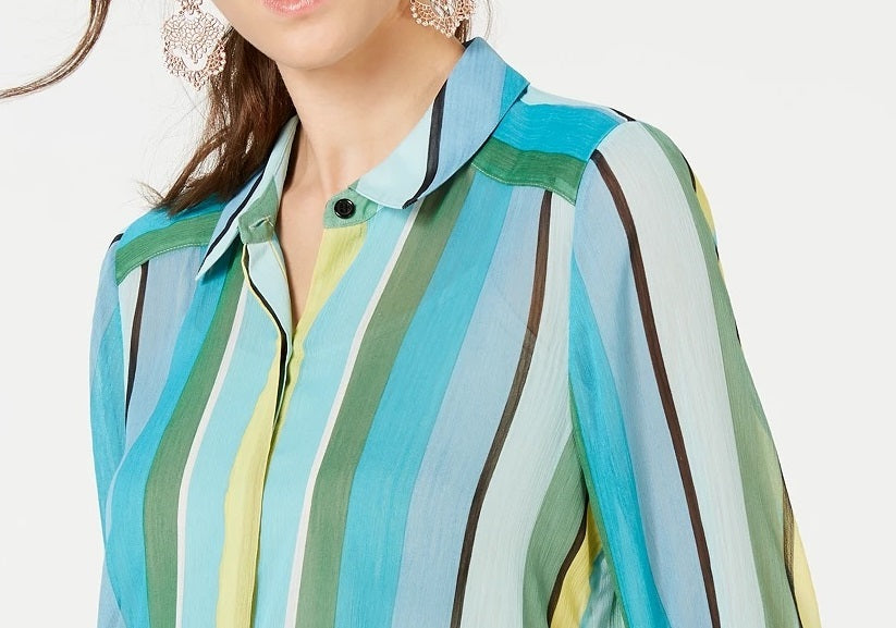 INC International Concepts Women's Vertical Stripe Button Up Shirt Green Size Petite Small
