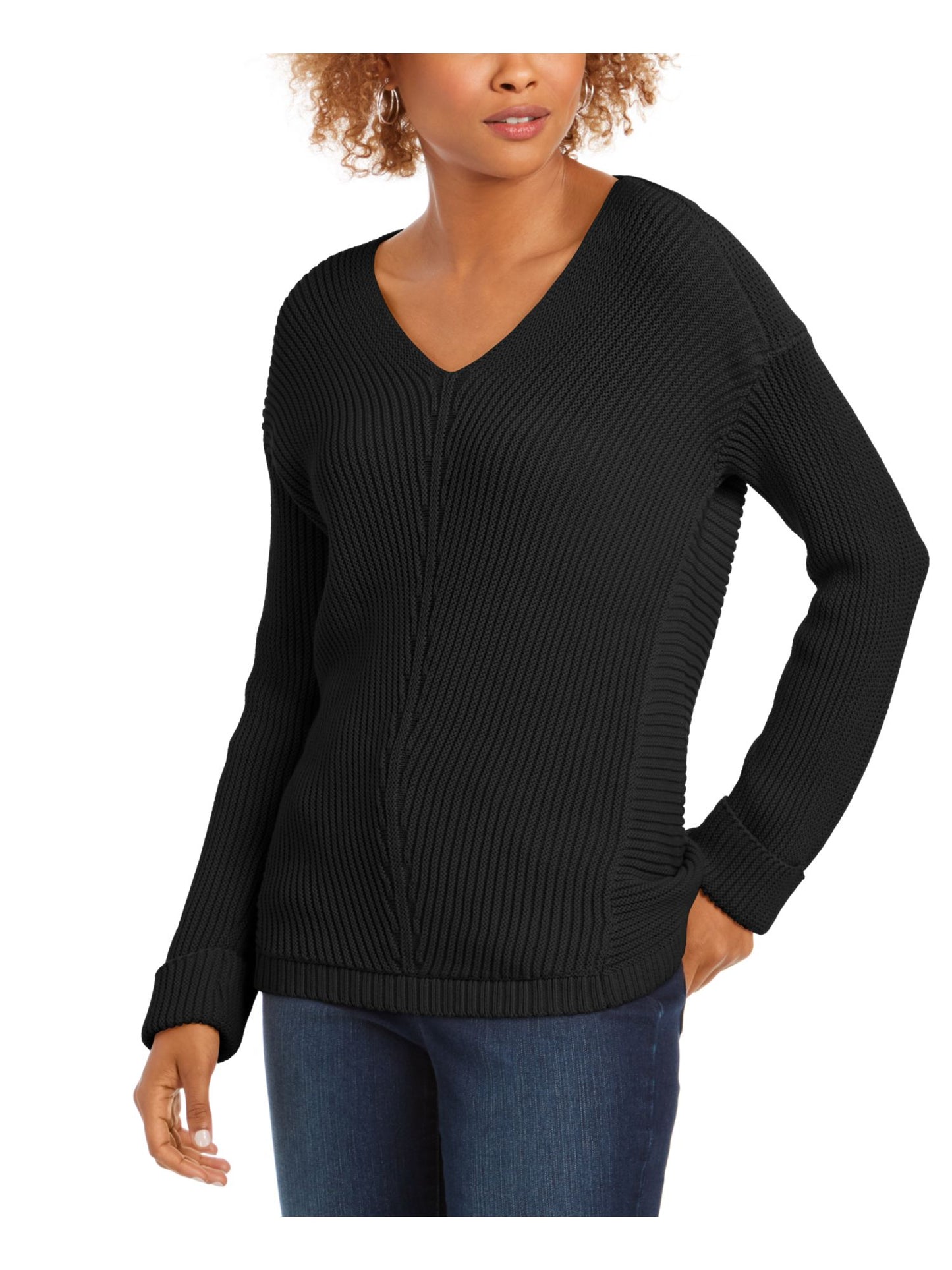Charter Club Women's Solid Long Sleeve V Neck T-Shirt Top Black Size Petite Large