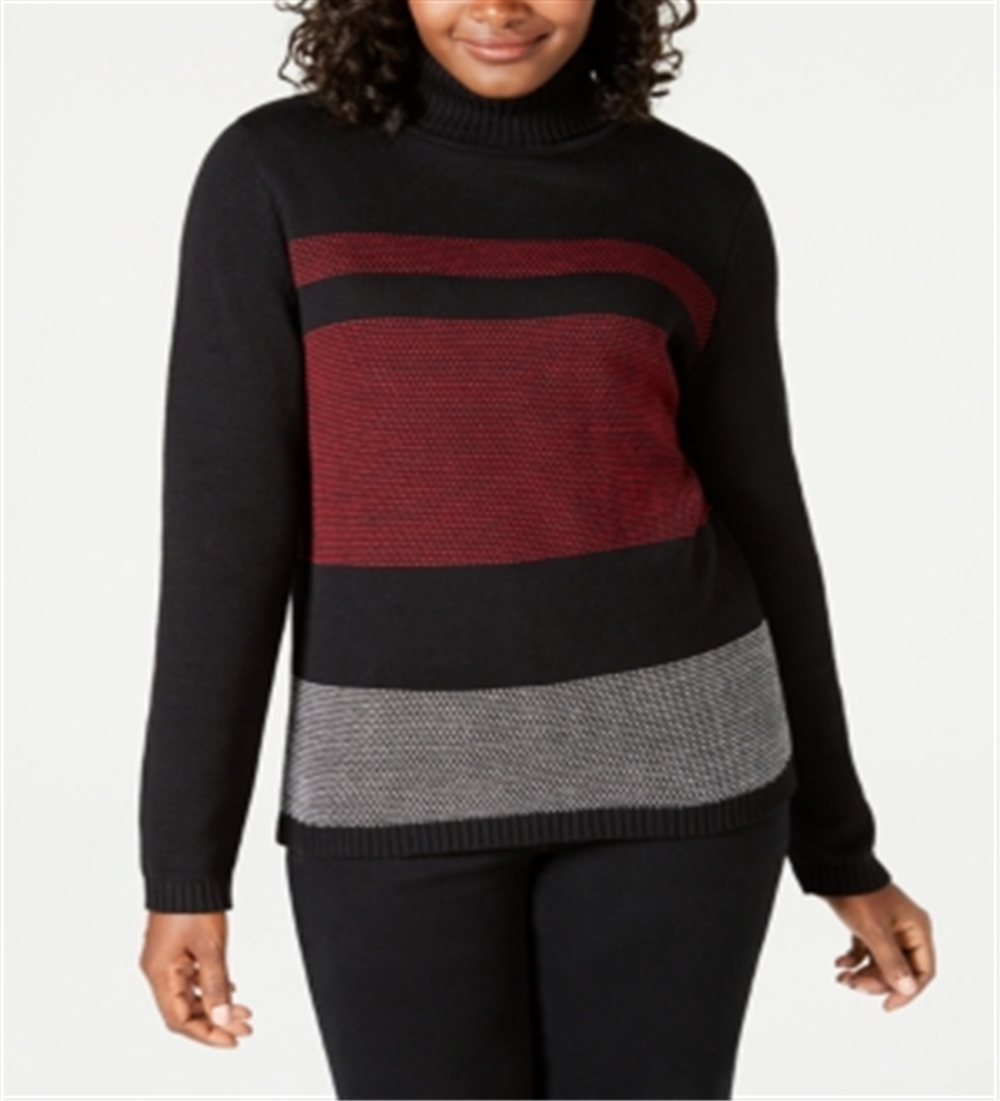 Karen Scott Women's Colorblocked Cotton Turtleneck Sweater Red -Black Size Petite S