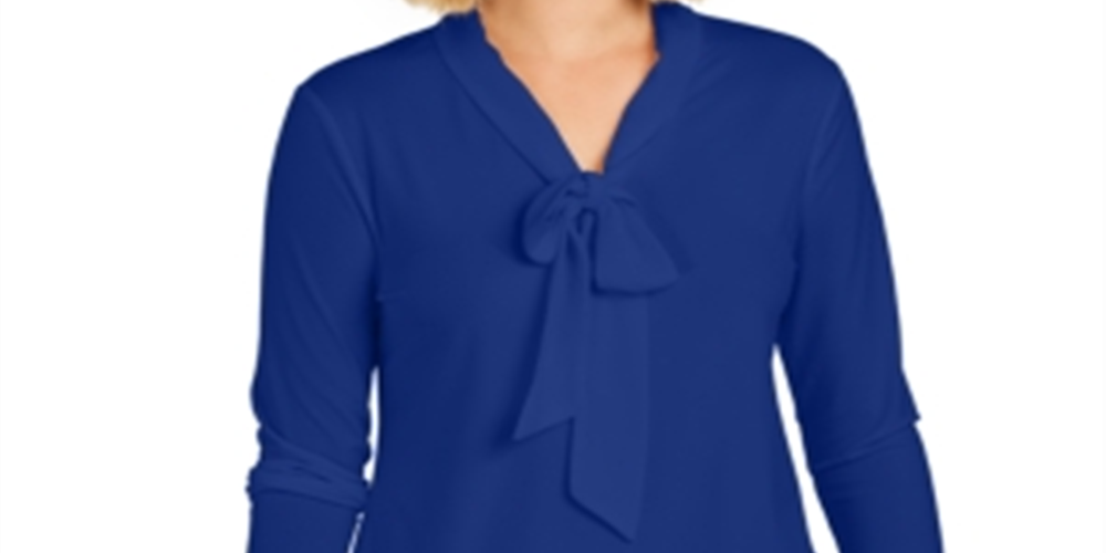 Charter Club Women's Tie Neck Crepe Top Blue Size Petite Large