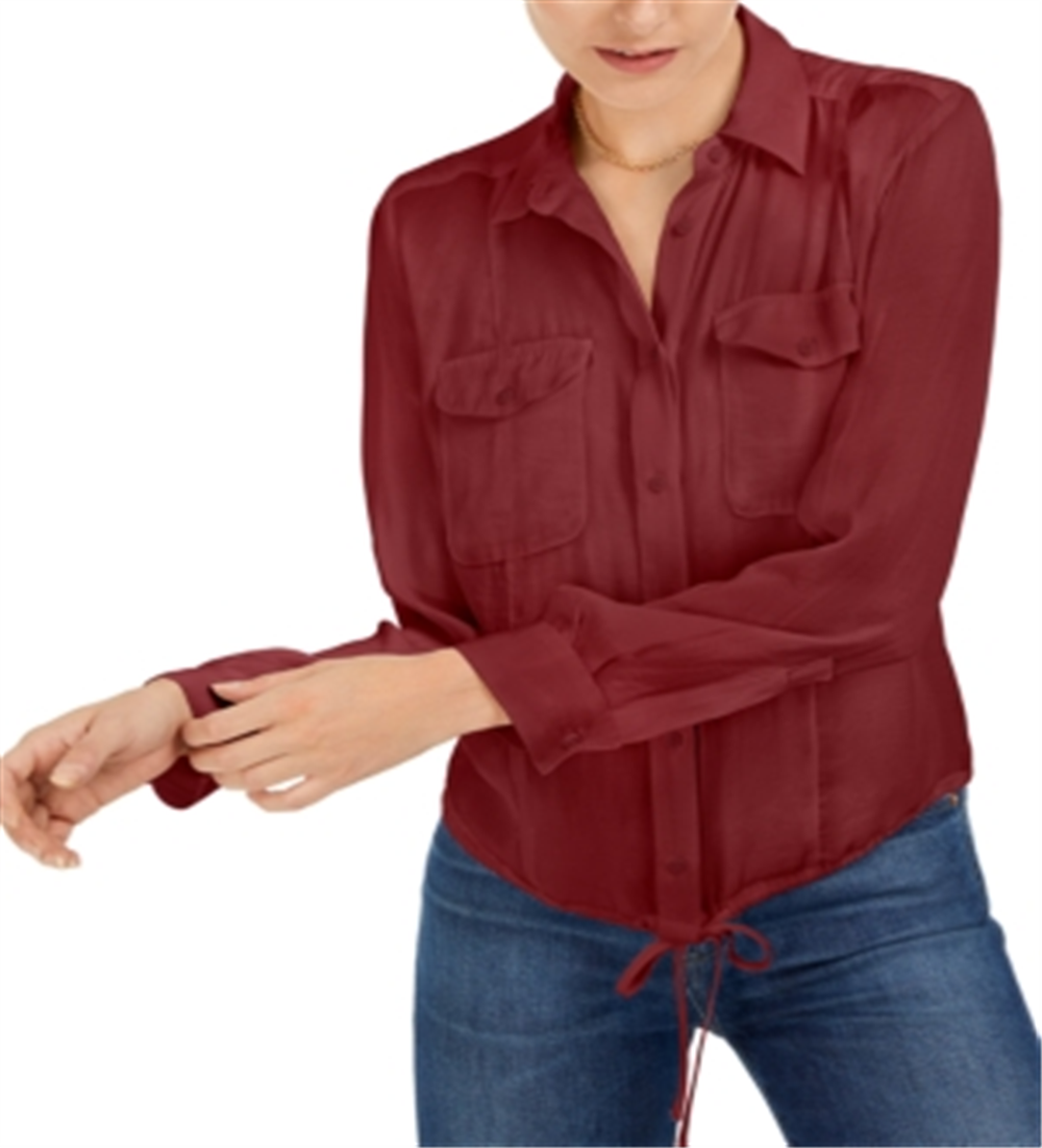 Bar III Women's Tie Hem Button Front Top Bronze Size S