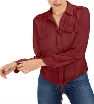 Bar III Women's Tie Hem Button Front Top Bronze Size S