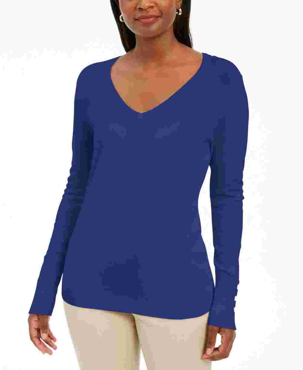 JM Collection Women's Button Cuff V Neck Pullover Sweater Blue Size Medium