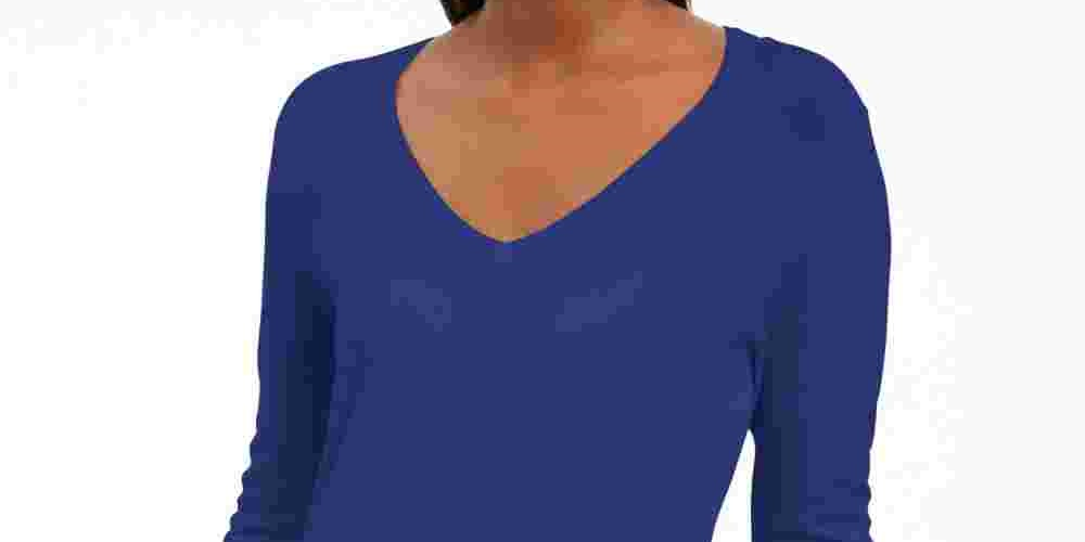 JM Collection Women's Button Cuff V Neck Pullover Sweater Blue Size Medium
