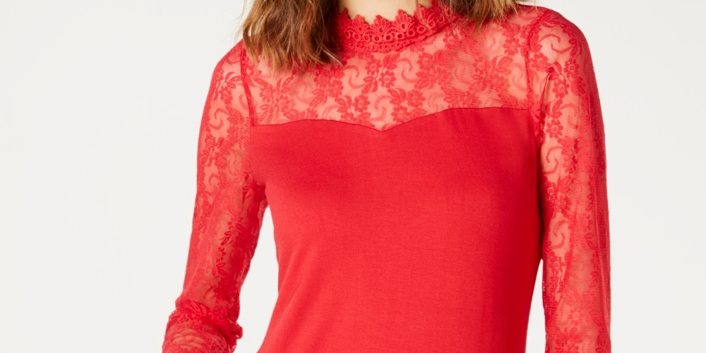 INC International Concepts Women's Lace Solid Long Sleeve Illusion Neckline Blouse Top Red Size Petite Large