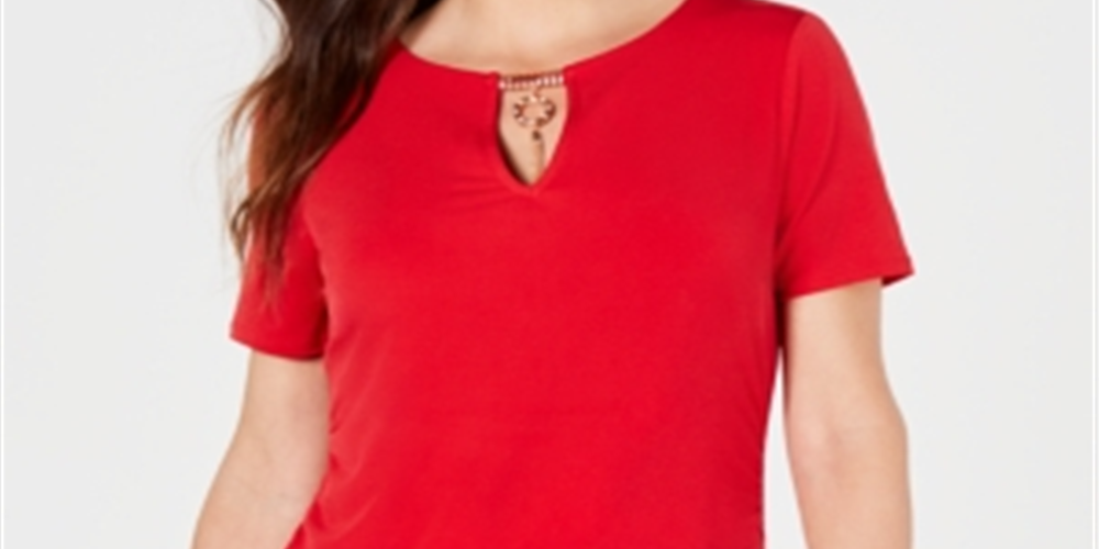 JM Collection Women's Embellished Keyhole Top Red Size Petite XL