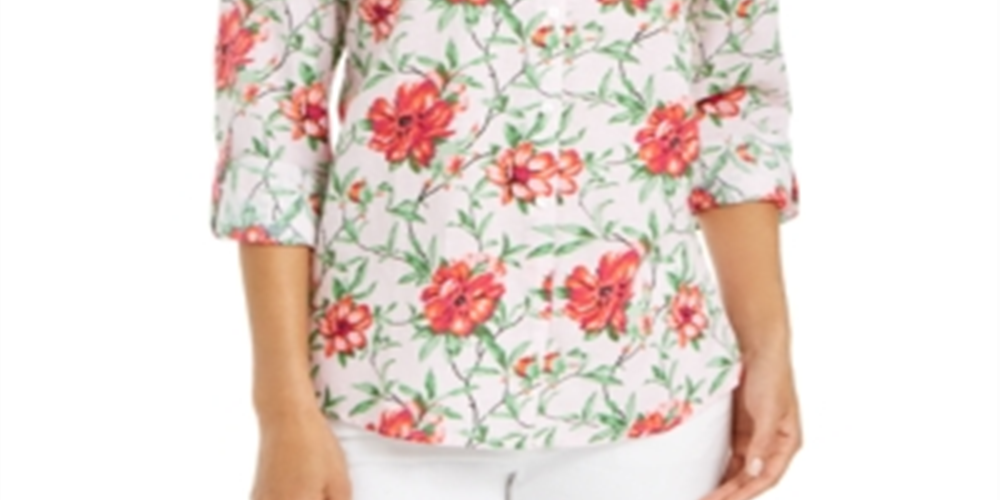 Charter Club Women's Printed Button Front Roll Tab Sleeve Top Pink Floral Size Petite S